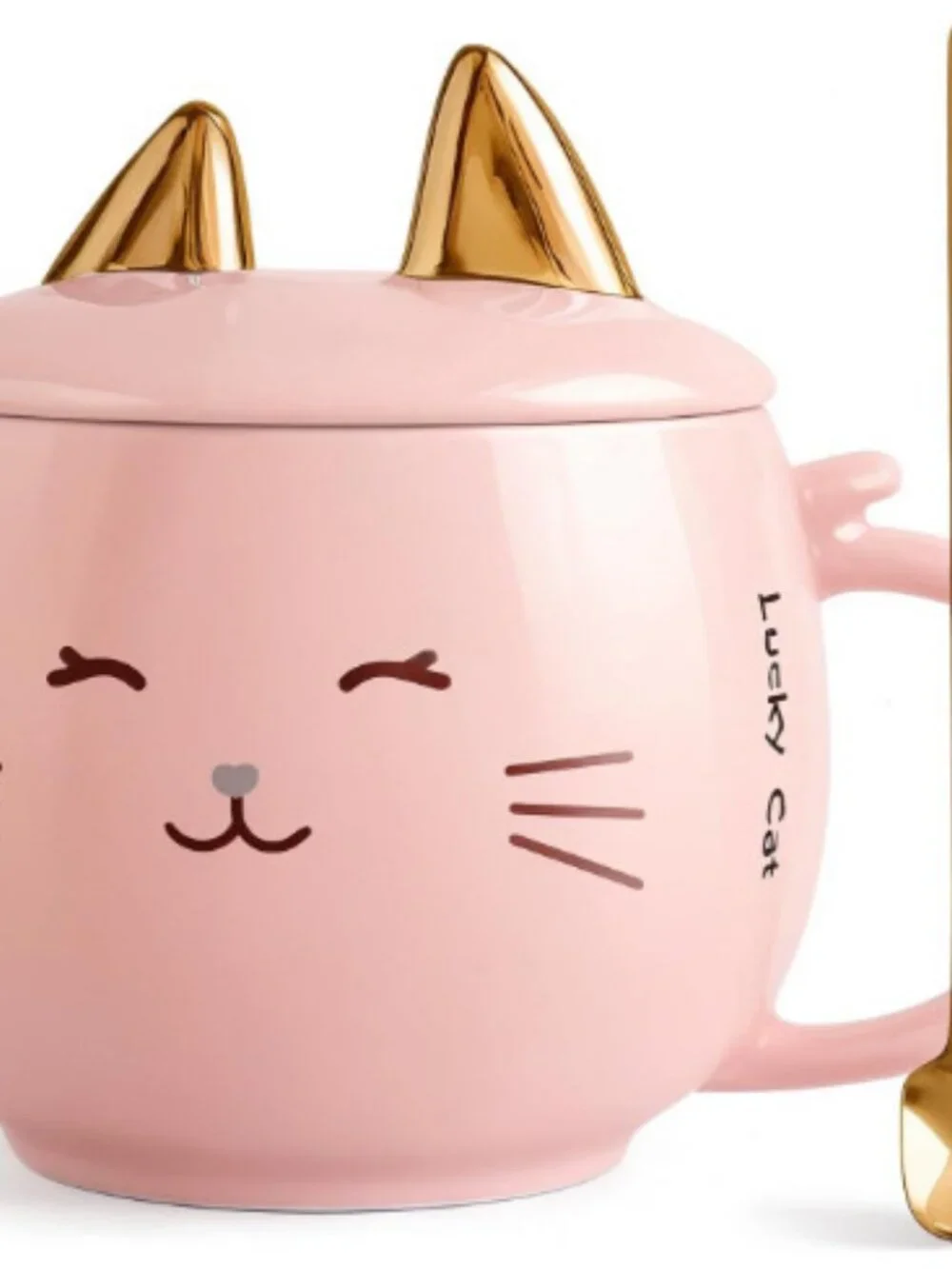Kawaii Pink Cat Ceramic Coffee Mug with Gold Spoon & Phone Holder Lid (13.5 oz)